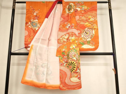 平和屋着物[]七五三　女の子　７歳　祝着・袋帯セット　駒刺繍　源氏車文　金彩　逸品　AABE2369ja