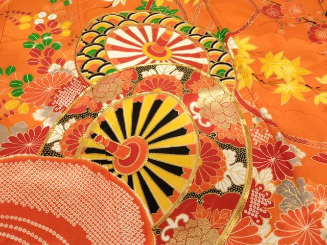 平和屋着物[]七五三　女の子　７歳　祝着・袋帯セット　駒刺繍　源氏車文　金彩　逸品　AABE2369ja
