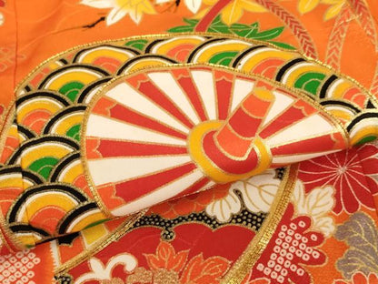 平和屋着物[]七五三　女の子　７歳　祝着・袋帯セット　駒刺繍　源氏車文　金彩　逸品　AABE2369ja