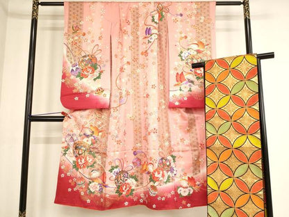 平和屋着物[]七五三　女の子　７歳　祝着・帯セット　鴛鴦花手毬文　暈し染め　金彩　AABE2371ja