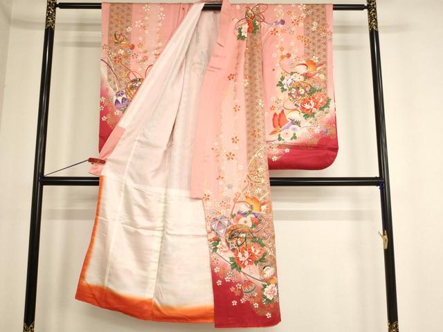 平和屋着物[]七五三　女の子　７歳　祝着・帯セット　鴛鴦花手毬文　暈し染め　金彩　AABE2371ja