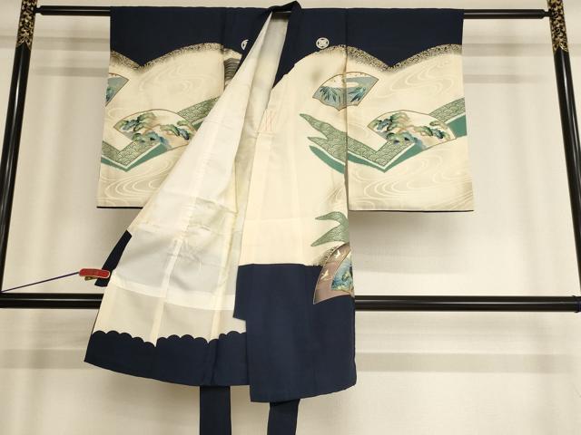 平和屋着物[]七五三　男の子　三歳　一つ身　祝着・長襦袢セット　鷹　地紙風景文　暈し染め　金彩　逸品　AABE2373ja