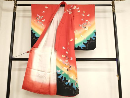 平和屋着物[]七五三　女の子　７歳　祝着　メロディー　舞蝶文　暈し染め　金銀彩　逸品　AABE2374ja