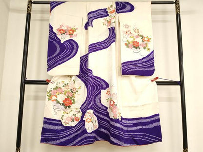 平和屋着物[]七五三　女の子　７歳　祝着　友禅　絞り　花筏文　逸品　AABE2378ja