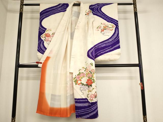 平和屋着物[]七五三　女の子　７歳　祝着　友禅　絞り　花筏文　逸品　AABE2378ja