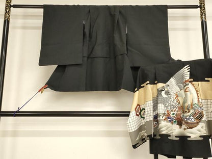 平和屋着物[]七五三　男の子　5歳　祝着・羽織セット　鷹　宝船　黒地　金彩　逸品　AABE2380ja