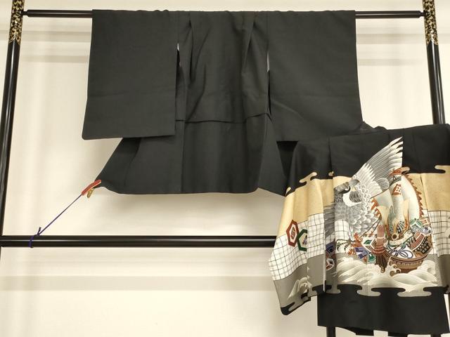 平和屋着物[]七五三　男の子　5歳　祝着・羽織セット　鷹　宝船　黒地　金彩　逸品　AABE2380ja