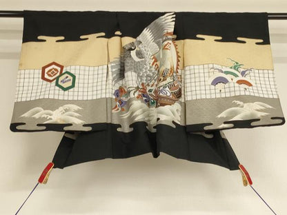 平和屋着物[]七五三　男の子　5歳　祝着・羽織セット　鷹　宝船　黒地　金彩　逸品　AABE2380ja