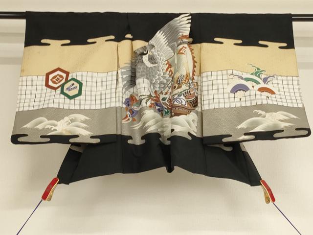 平和屋着物[]七五三　男の子　5歳　祝着・羽織セット　鷹　宝船　黒地　金彩　逸品　AABE2380ja