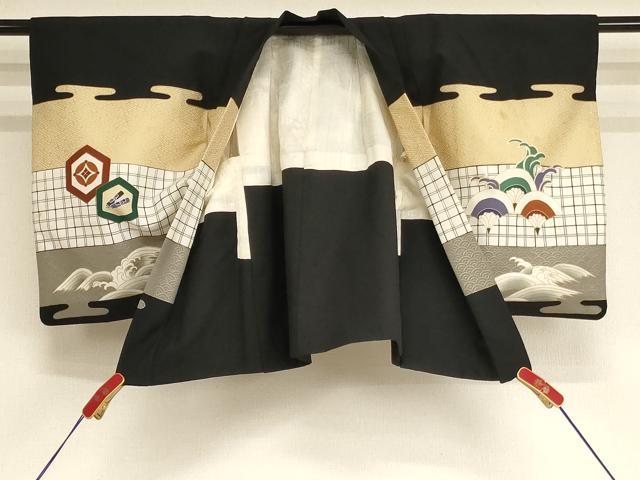 平和屋着物[]七五三　男の子　5歳　祝着・羽織セット　鷹　宝船　黒地　金彩　逸品　AABE2380ja