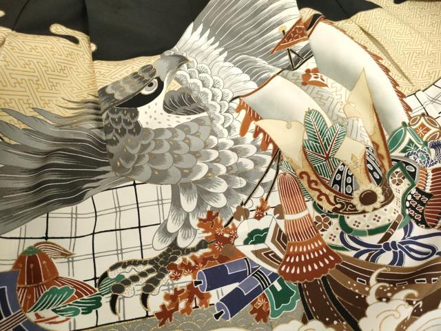 平和屋着物[]七五三　男の子　5歳　祝着・羽織セット　鷹　宝船　黒地　金彩　逸品　AABE2380ja