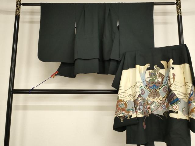 平和屋着物[]七五三　男の子　5歳　祝着・羽織セット　兜　黒地　金彩　AABE2382ja