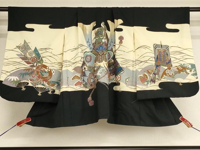 平和屋着物[]七五三　男の子　5歳　祝着・羽織セット　兜　黒地　金彩　AABE2382ja
