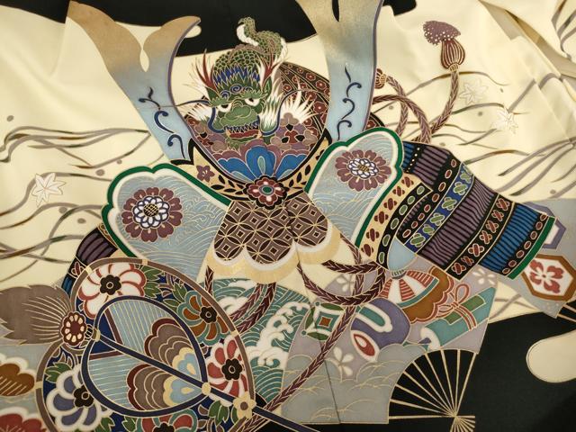 平和屋着物[]七五三　男の子　5歳　祝着・羽織セット　兜　黒地　金彩　AABE2382ja