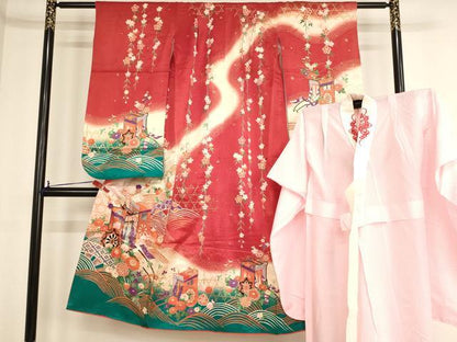 平和屋着物[]七五三　女の子　７歳　祝着・長襦袢セット　御所車花文　暈し染め　金彩　逸品　AABE2383ja