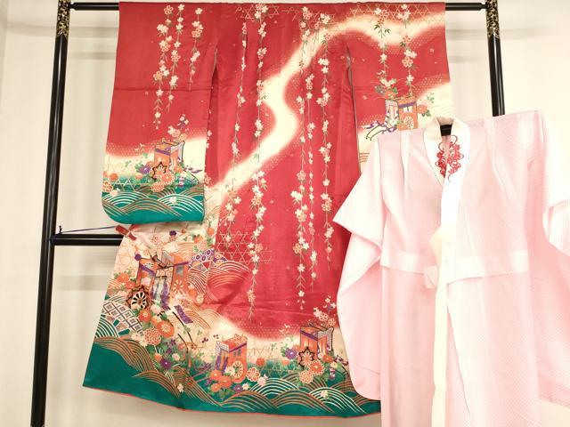 平和屋着物[]七五三　女の子　７歳　祝着・長襦袢セット　御所車花文　暈し染め　金彩　逸品　AABE2383ja