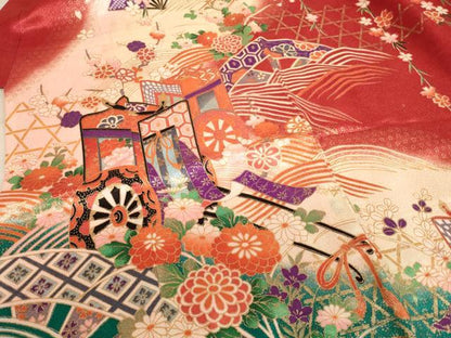 平和屋着物[]七五三　女の子　７歳　祝着・長襦袢セット　御所車花文　暈し染め　金彩　逸品　AABE2383ja