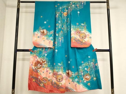平和屋着物[]七五三　女の子　７歳　祝着　駒刺繍　花蝶丸文　暈し染め　金彩　逸品　AABE2387ja