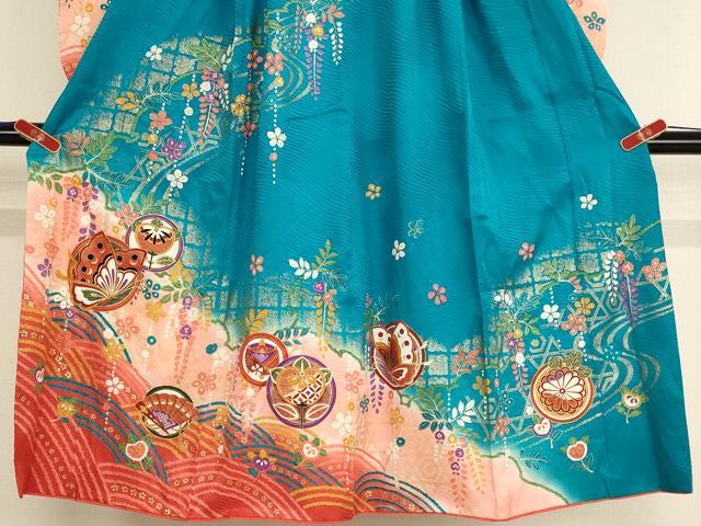 平和屋着物[]七五三　女の子　７歳　祝着　駒刺繍　花蝶丸文　暈し染め　金彩　逸品　AABE2387ja
