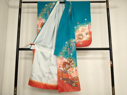 平和屋着物[]七五三　女の子　７歳　祝着　駒刺繍　花蝶丸文　暈し染め　金彩　逸品　AABE2387ja
