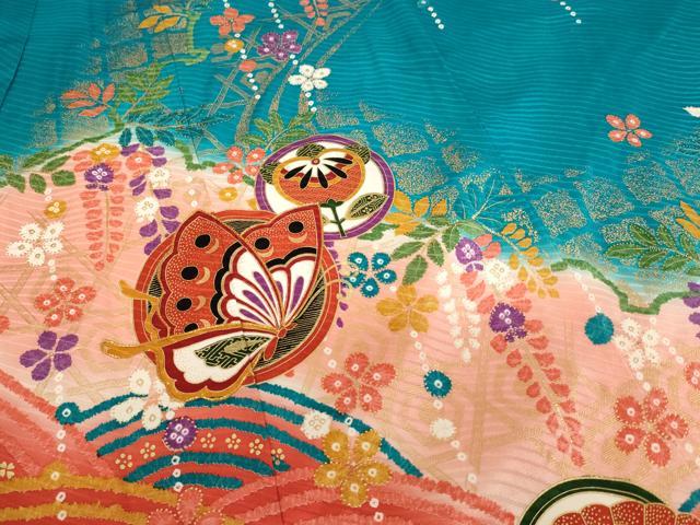 平和屋着物[]七五三　女の子　７歳　祝着　駒刺繍　花蝶丸文　暈し染め　金彩　逸品　AABE2387ja