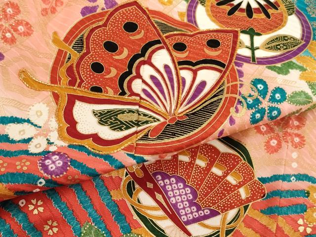 平和屋着物[]七五三　女の子　７歳　祝着　駒刺繍　花蝶丸文　暈し染め　金彩　逸品　AABE2387ja