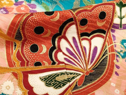 平和屋着物[]七五三　女の子　７歳　祝着　駒刺繍　花蝶丸文　暈し染め　金彩　逸品　AABE2387ja