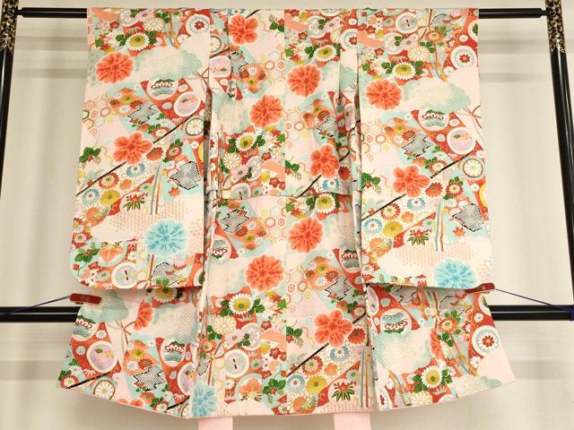 平和屋着物[]七五三　女の子　３歳　祝着　割付草花文　金彩　逸品　AABE2388ja