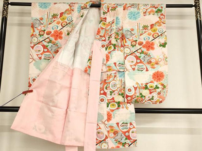 平和屋着物[]七五三　女の子　３歳　祝着　割付草花文　金彩　逸品　AABE2388ja