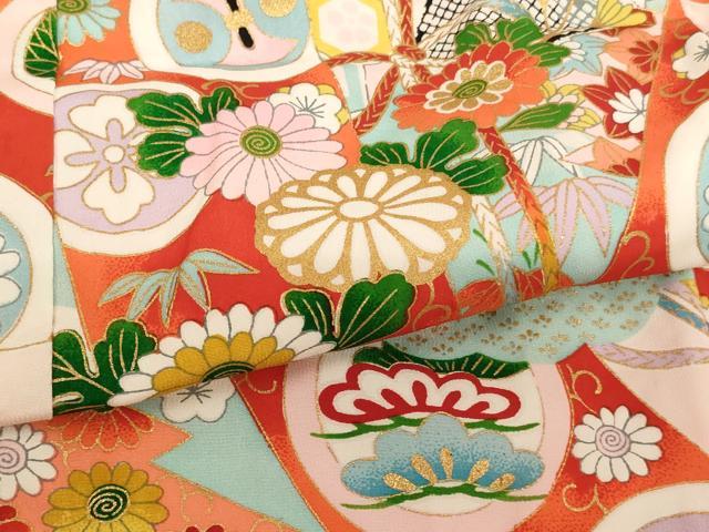 平和屋着物[]七五三　女の子　３歳　祝着　割付草花文　金彩　逸品　AABE2388ja