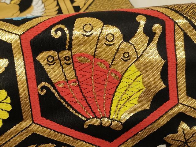 平和屋着物∵子供　全通柄袋帯　唐織　飛鶴花蝶亀甲文　黒地　金糸　逸品　AABE2392ja