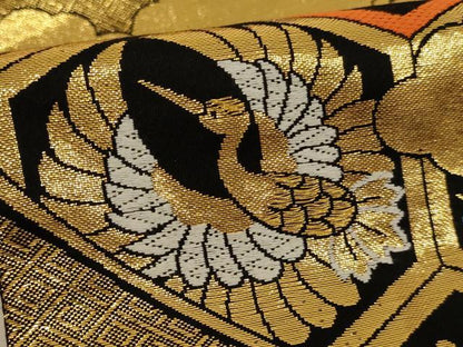 平和屋着物∵子供　全通柄袋帯　唐織　飛鶴花蝶亀甲文　黒地　金糸　逸品　AABE2392ja