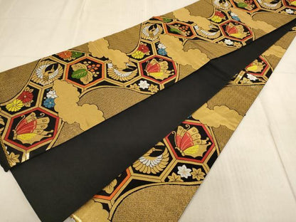 平和屋着物∵子供　全通柄袋帯　唐織　飛鶴花蝶亀甲文　黒地　金糸　逸品　AABE2392ja