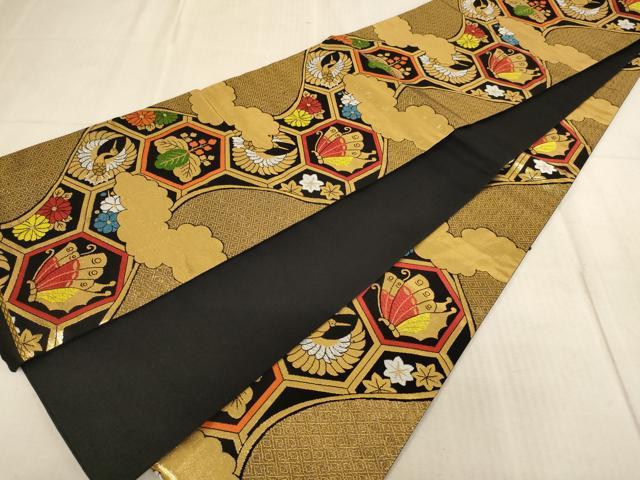 平和屋着物∵子供　全通柄袋帯　唐織　飛鶴花蝶亀甲文　黒地　金糸　逸品　AABE2392ja