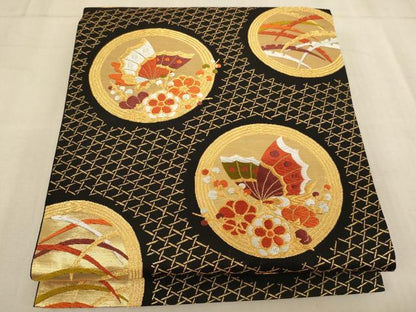 平和屋着物∵子供　全通柄袋帯　唐織　花蝶丸文　黒地　金糸　逸品　AABE2393ja
