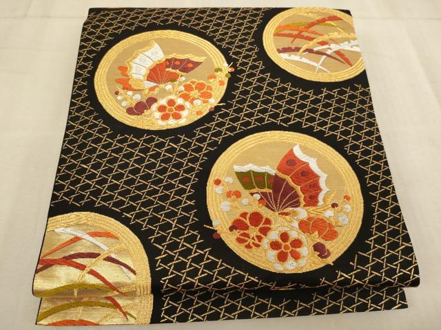 平和屋着物∵子供　全通柄袋帯　唐織　花蝶丸文　黒地　金糸　逸品　AABE2393ja