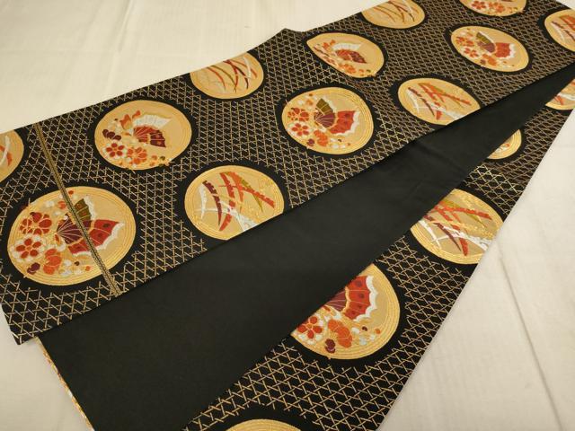 平和屋着物∵子供　全通柄袋帯　唐織　花蝶丸文　黒地　金糸　逸品　AABE2393ja