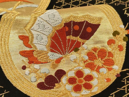 平和屋着物∵子供　全通柄袋帯　唐織　花蝶丸文　黒地　金糸　逸品　AABE2393ja