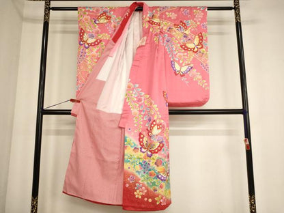 平和屋着物[]七五三　女の子　７歳　祝着　花蝶文　暈し染め　金彩　逸品　AABE2401ja