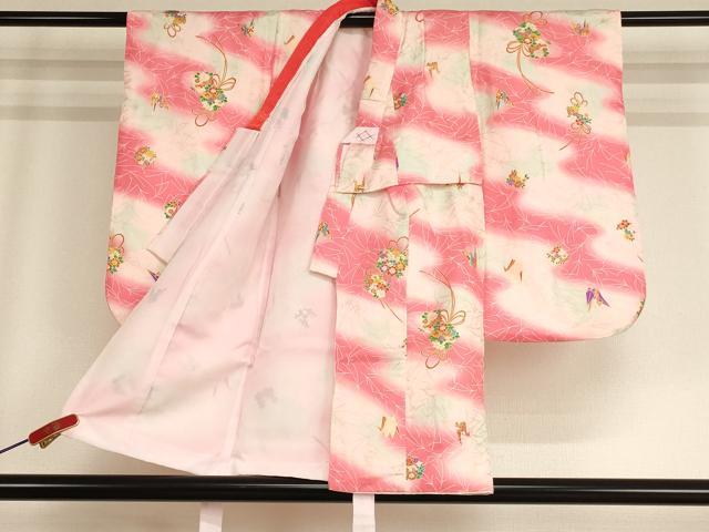 平和屋着物[]七五三　女の子　３歳　祝着・長襦袢(単衣)・被布・巾着セット　花丸文　折り鶴　暈し染め　金彩　逸品　AABE2404ja