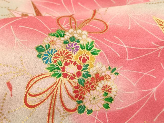 平和屋着物[]七五三　女の子　３歳　祝着・長襦袢(単衣)・被布・巾着セット　花丸文　折り鶴　暈し染め　金彩　逸品　AABE2404ja