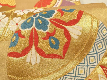 平和屋着物∵子供　全通柄袋帯　唐織　手毬文　金糸　未使用　AABE2407ja