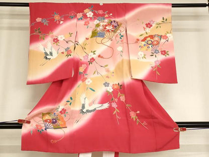 平和屋着物[]お宮参り　女の子　祝着　産着　初着　のしめ　飛鶴扇面花文　暈し染め　逸品　AABE2421ja