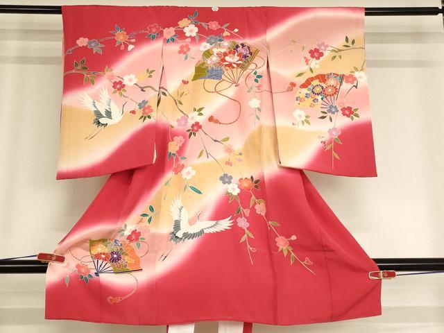 平和屋着物[]お宮参り　女の子　祝着　産着　初着　のしめ　飛鶴扇面花文　暈し染め　逸品　AABE2421ja