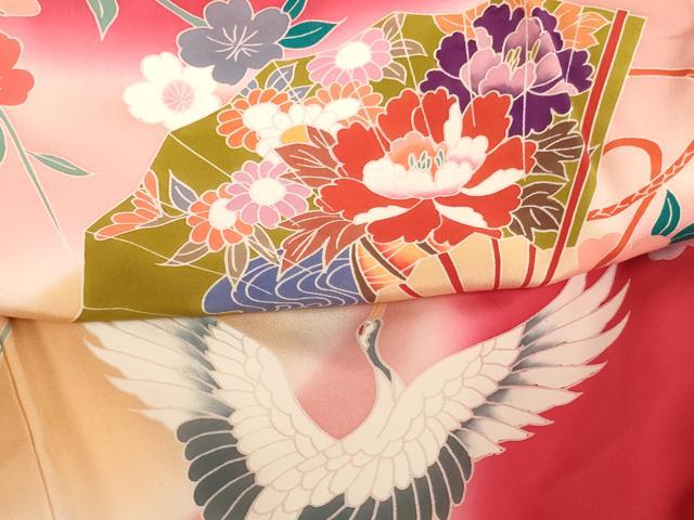 平和屋着物[]お宮参り　女の子　祝着　産着　初着　のしめ　飛鶴扇面花文　暈し染め　逸品　AABE2421ja