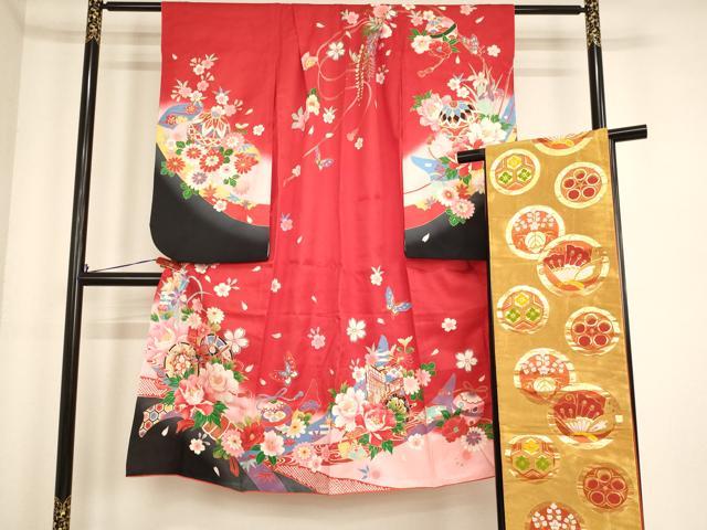 平和屋着物[]七五三　女の子　７歳　祝着　四つ身　袋帯セット　花鼓文　暈し染め　金彩　逸品　AABE2422ja