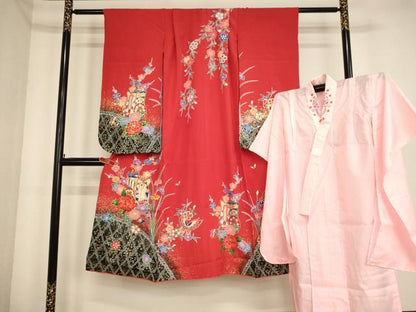 平和屋着物[]七五三　女の子　７歳　祝着　四つ身　長襦袢(単衣・半衿刺繍)セット　駒刺繍　御所車花文　暈し染め　金彩　逸品　AABE2424ja