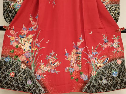 平和屋着物[]七五三　女の子　７歳　祝着　四つ身　長襦袢(単衣・半衿刺繍)セット　駒刺繍　御所車花文　暈し染め　金彩　逸品　AABE2424ja
