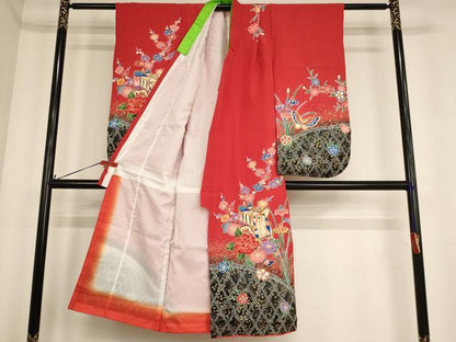 平和屋着物[]七五三　女の子　７歳　祝着　四つ身　長襦袢(単衣・半衿刺繍)セット　駒刺繍　御所車花文　暈し染め　金彩　逸品　AABE2424ja