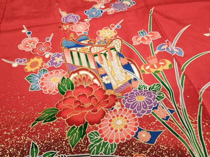平和屋着物[]七五三　女の子　７歳　祝着　四つ身　長襦袢(単衣・半衿刺繍)セット　駒刺繍　御所車花文　暈し染め　金彩　逸品　AABE2424ja